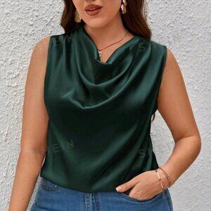 Draped Collar Sleeveless Satin Blouse